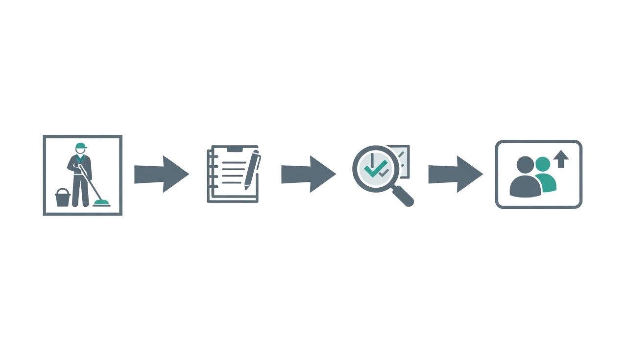 Four-step office cleaning inspection process from completing a task to recording and resolving issues.