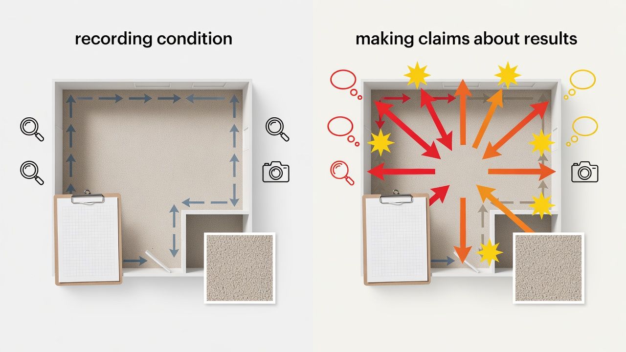 Room-by-room carpet inspection with condition notes and inventory photographs