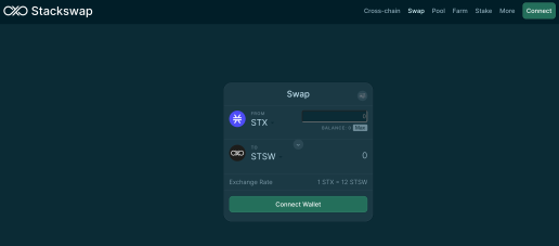 The Stackswap decentralized exchange application interface.