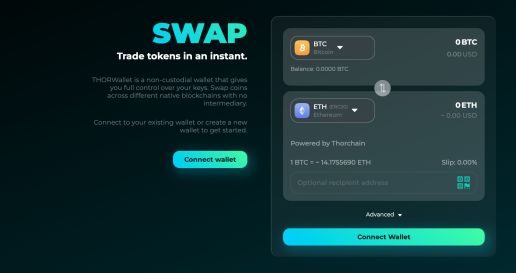 A screenshot of the THORWallet exchange interface.