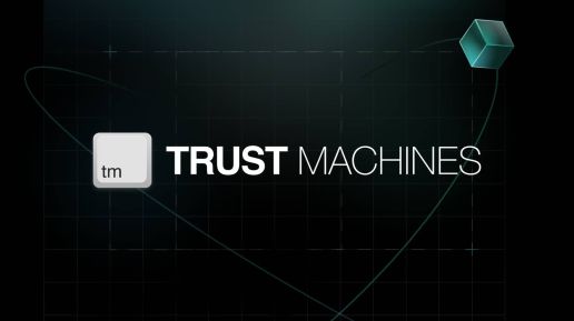 Trust Machines Logo on a Technological Blueprint Abstract Image