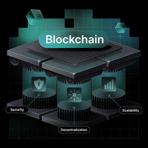 An image depicting the blockchain trilemma with three pillars: security, decentralization, and scalability