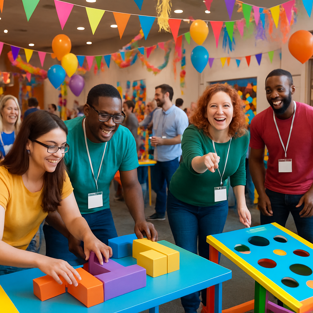 An interactive event with attendees engaging in activities, colorful decor, and a lively atmosphere.