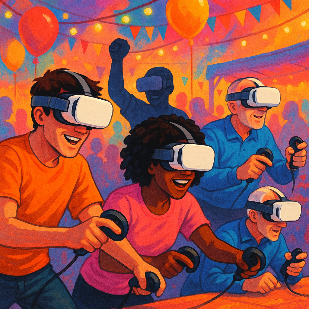 A vibrant event scene showcasing virtual reality headsets in use, with participants engaged in a game.