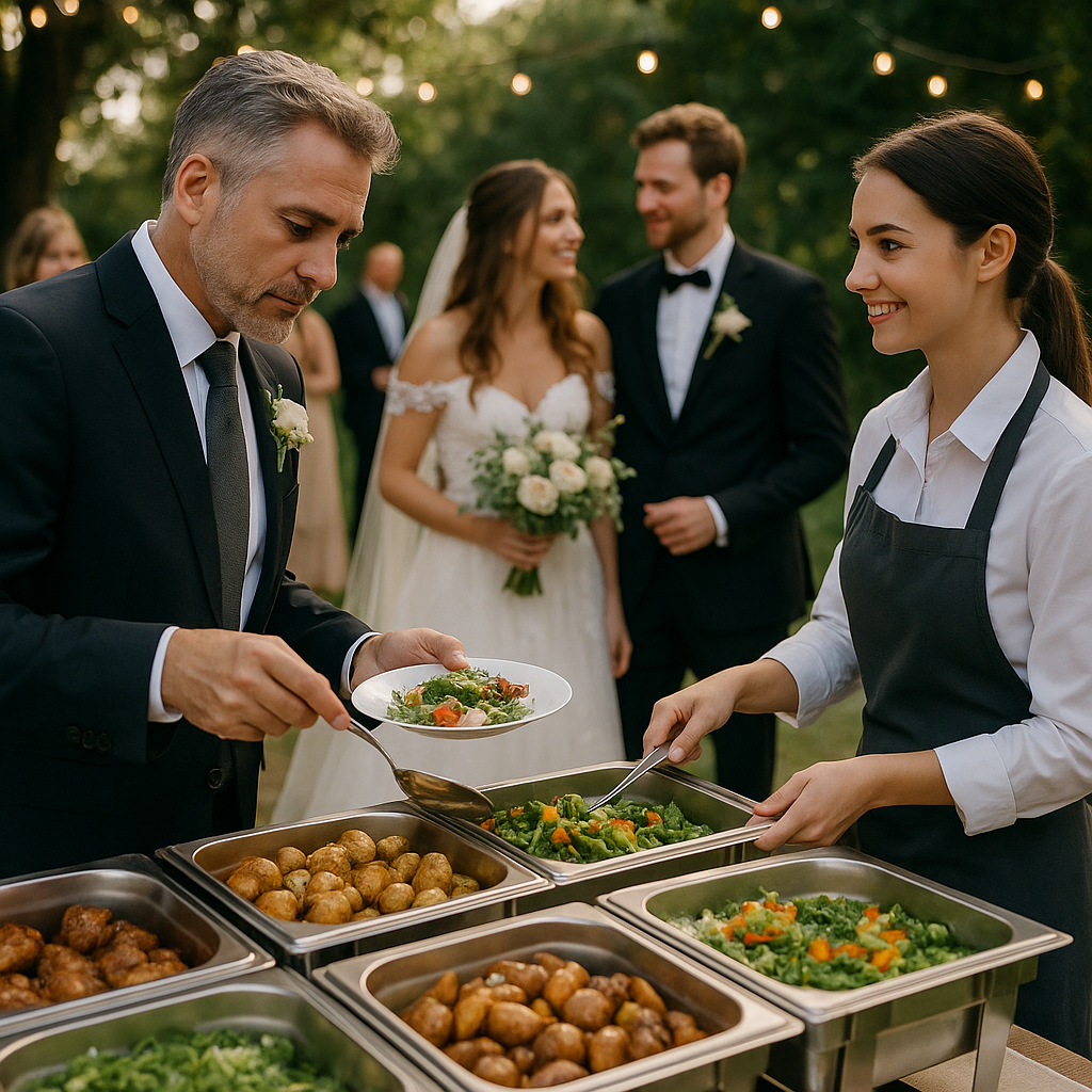 An elegant wedding catering setup with guests enjoying an interactive food station.