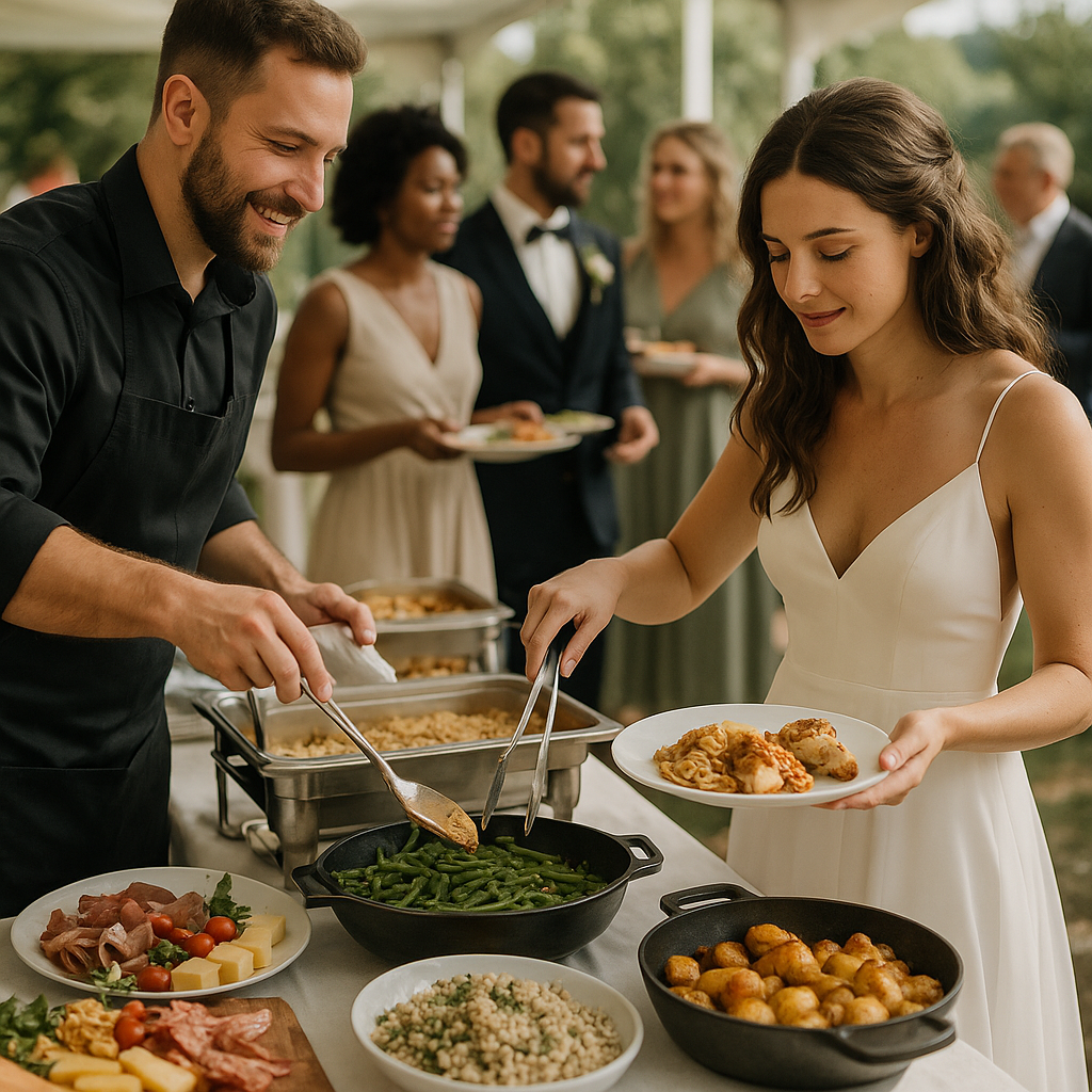 An elegant wedding catering display with mini desserts and a mocktail bar.