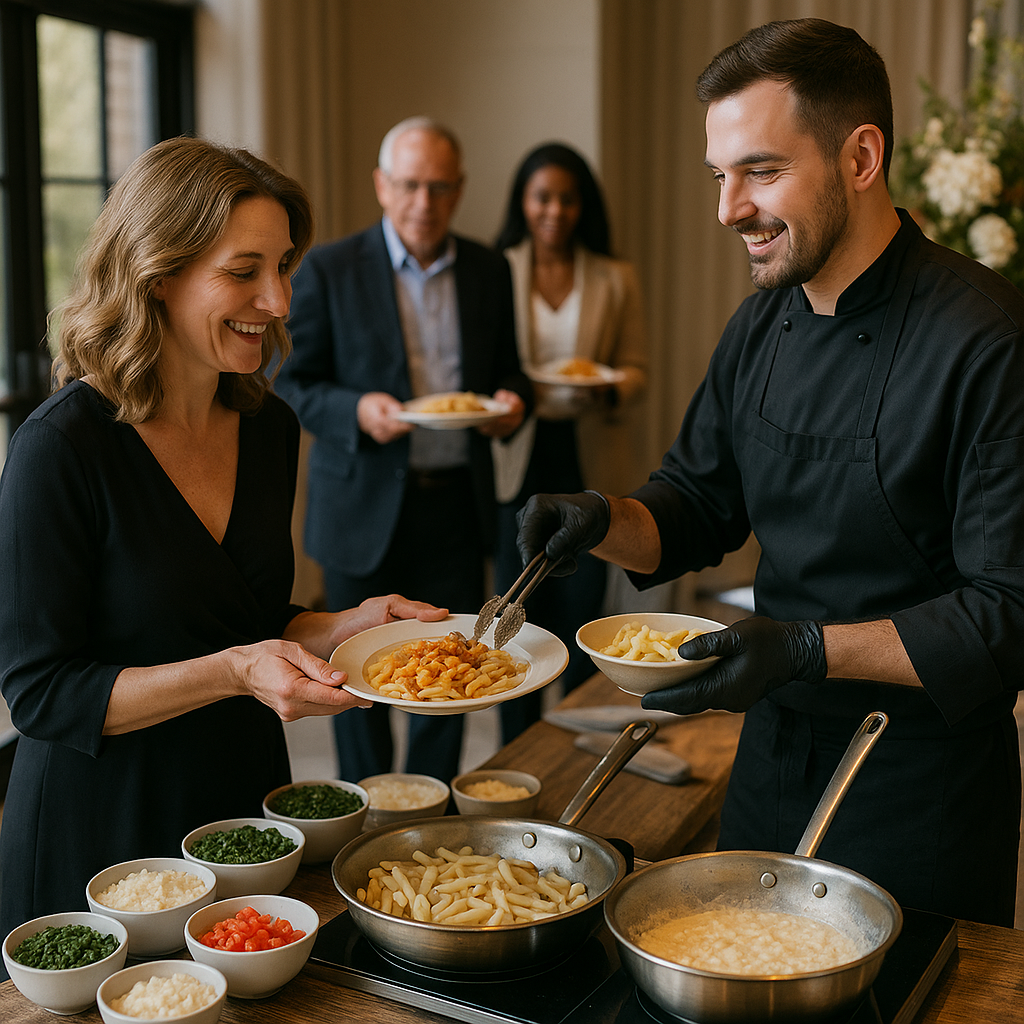 A chef preparing fresh pasta at a live station during an elegant event.