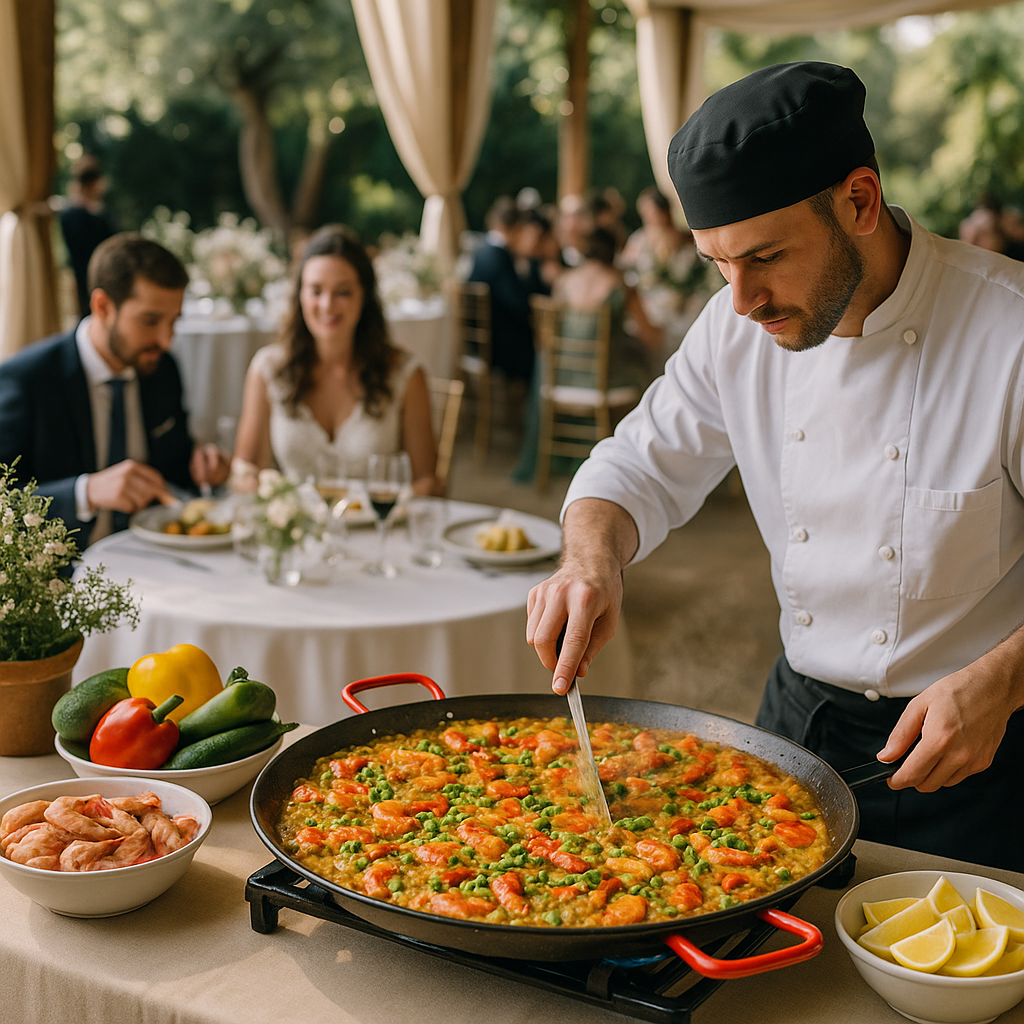 A chef preparing paella live at an elegant wedding reception, surrounded by guests.