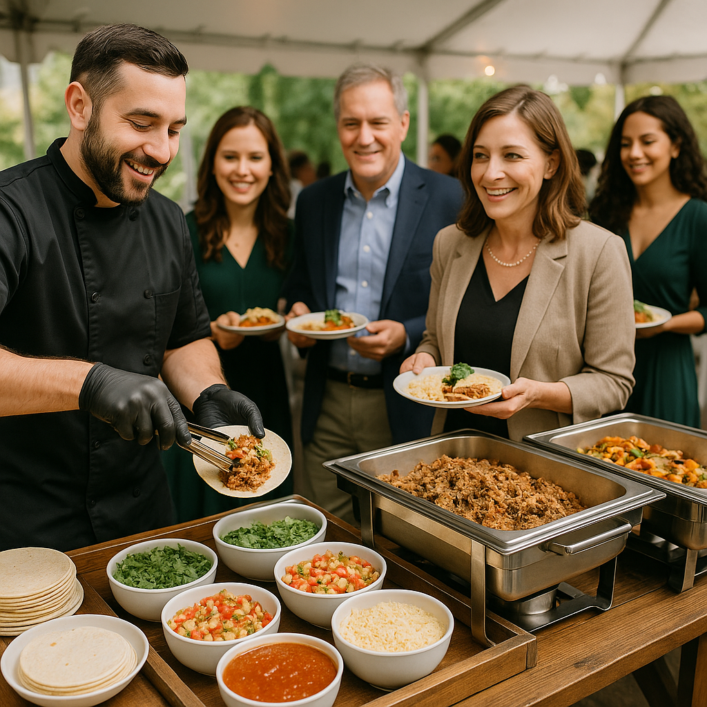 A vibrant taco station with fresh ingredients set up for a lively event.