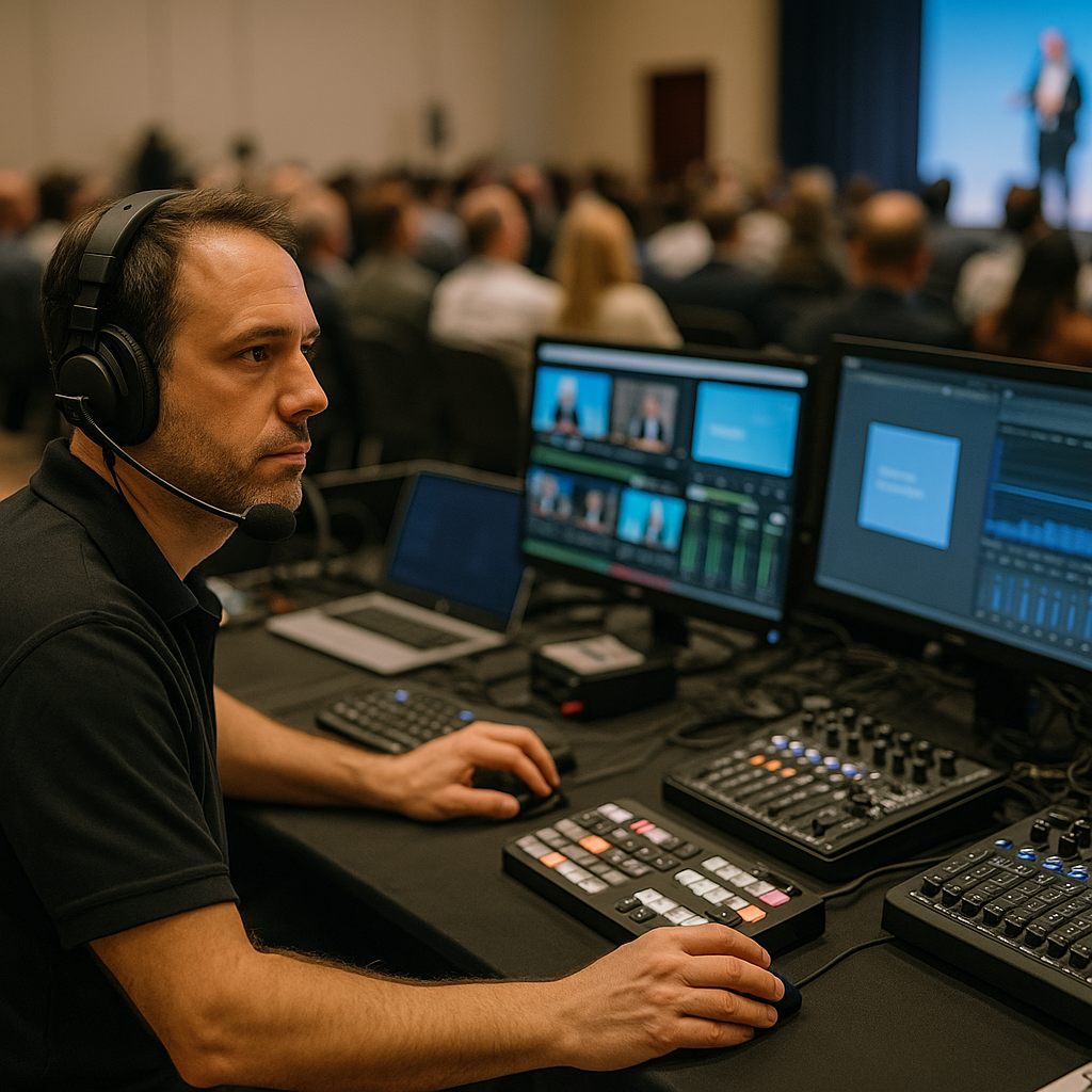 Attendees engaging with event technology at a well-produced corporate event.