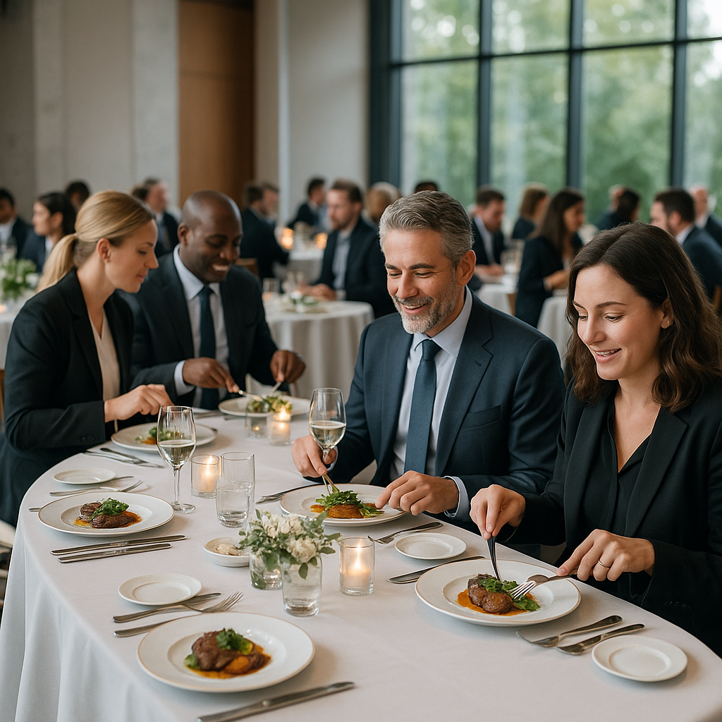 An elegant corporate event dining setup with gourmet food beautifully presented.
