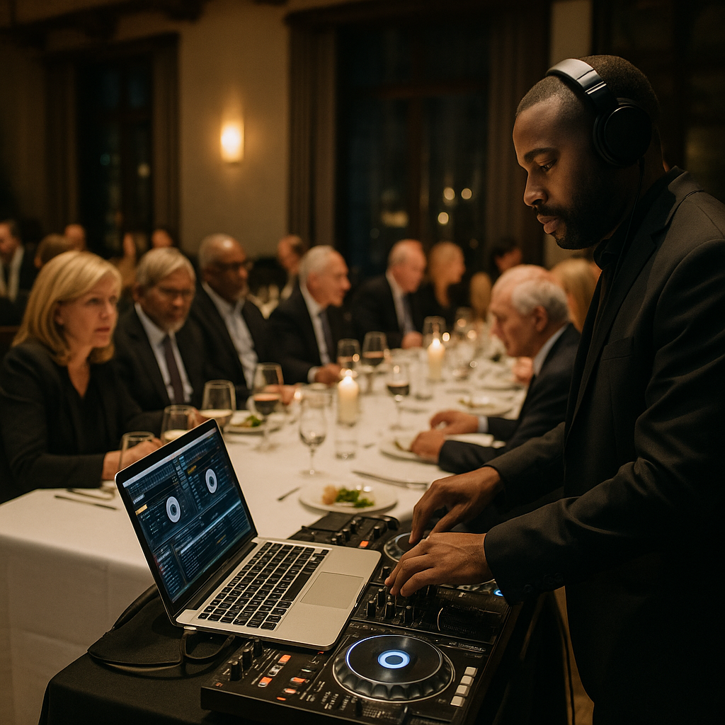 A DJ managing sound and atmosphere at a formal corporate board dinner.