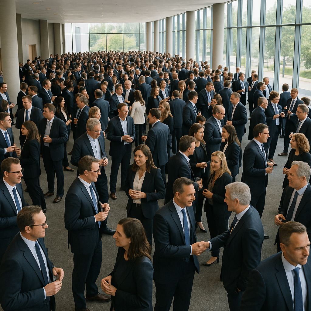 A large corporate event space filled with executives networking under natural lighting.
