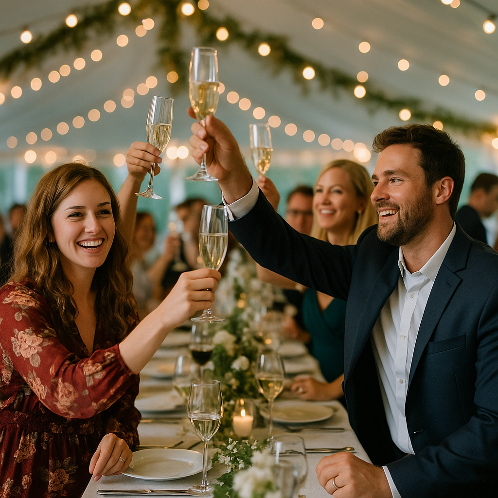 An elegant party setup with wedding-inspired decor and entertainment.