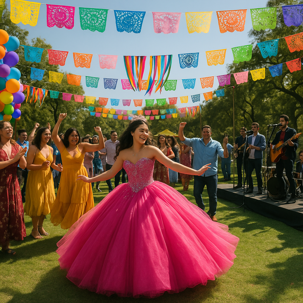 A vibrant outdoor quinceañera celebration with a live band and dancing guests.