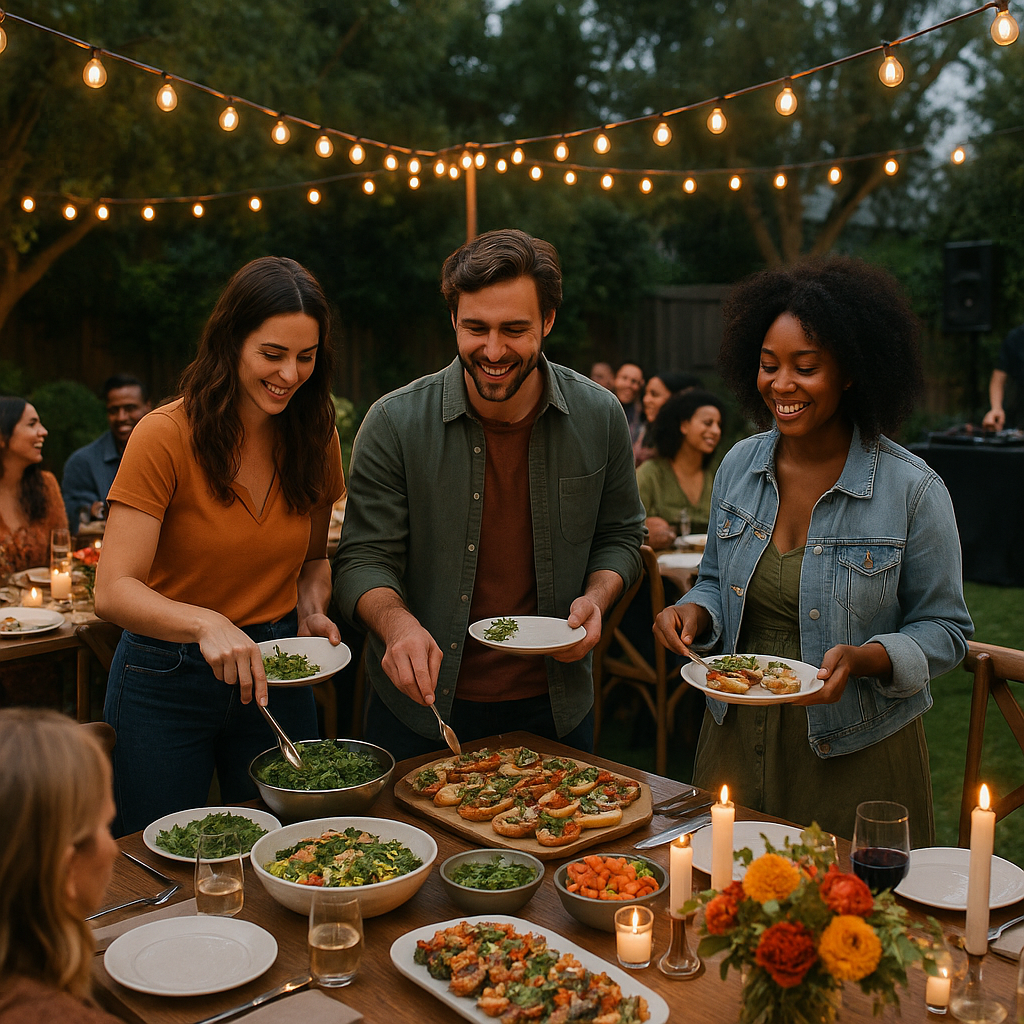 A lively backyard party with gourmet food, decorated tables, and a DJ setup under soft lighting.