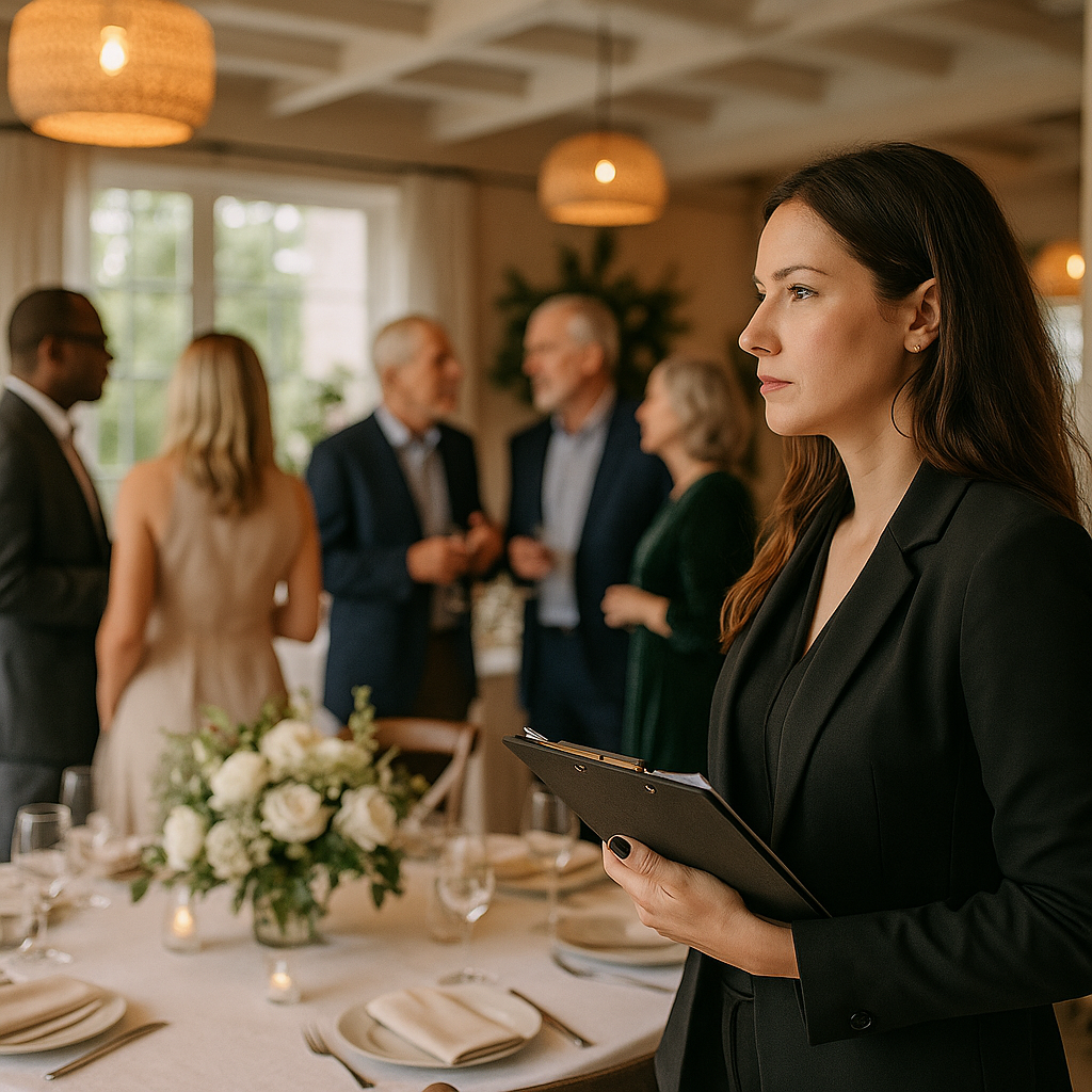 A party planner assessing a beautifully arranged event space before guests arrive.