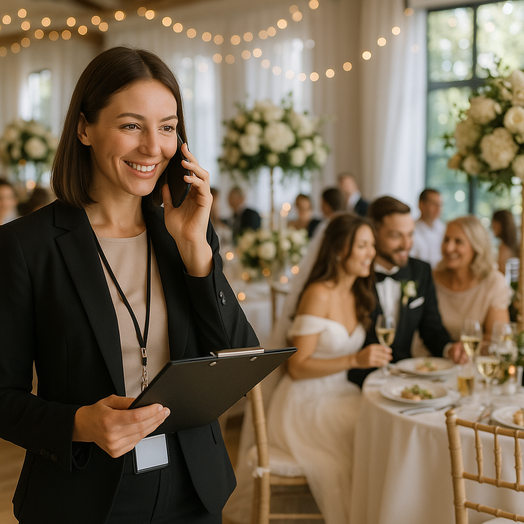 A professional event planner coordinating a lavish wedding reception in a beautifully decorated venue.