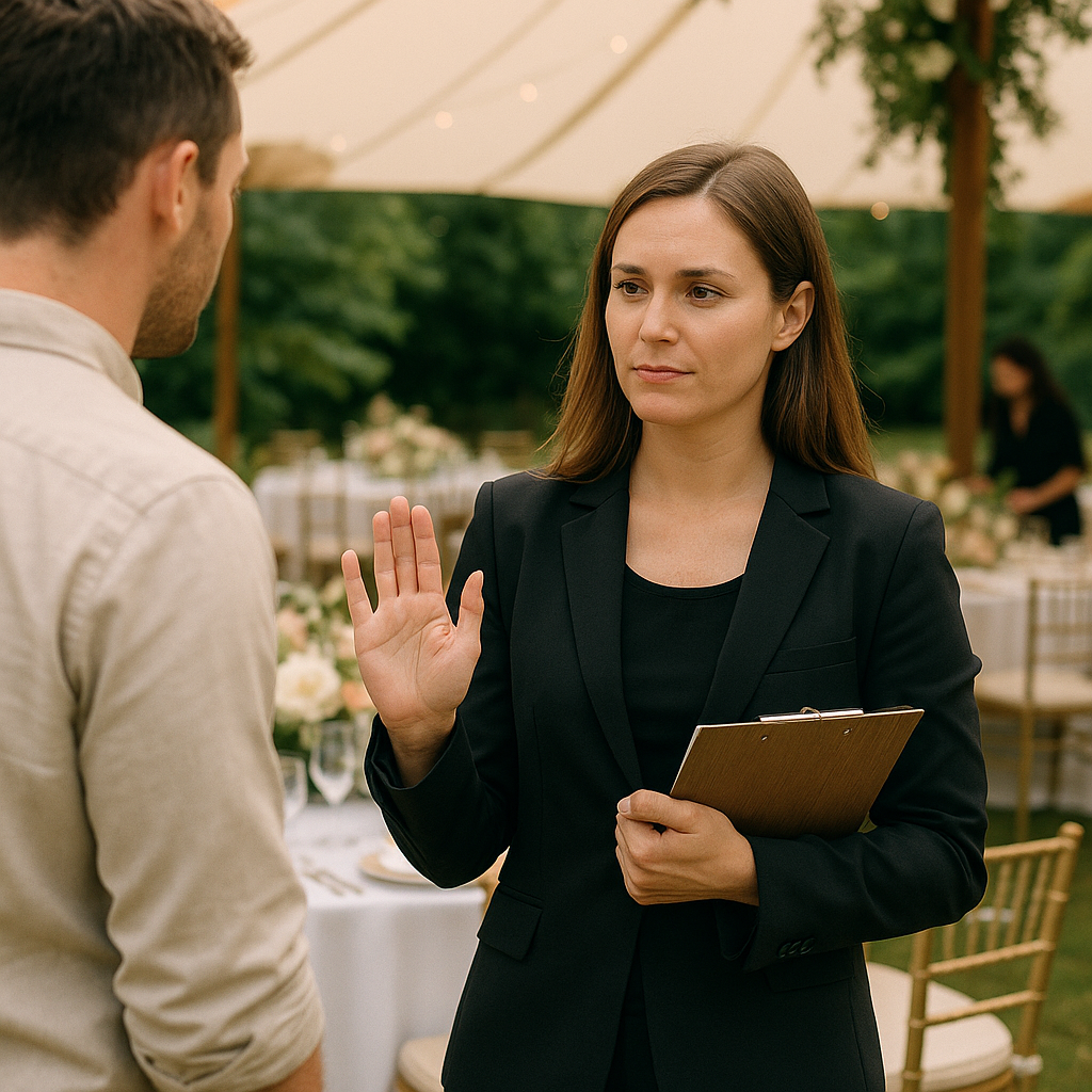 A confident event planner reviewing plans with a client at an elegant event.