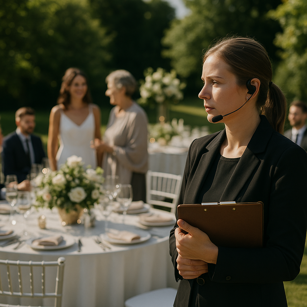 A professional event planner carefully evaluating event details before committing to a project.