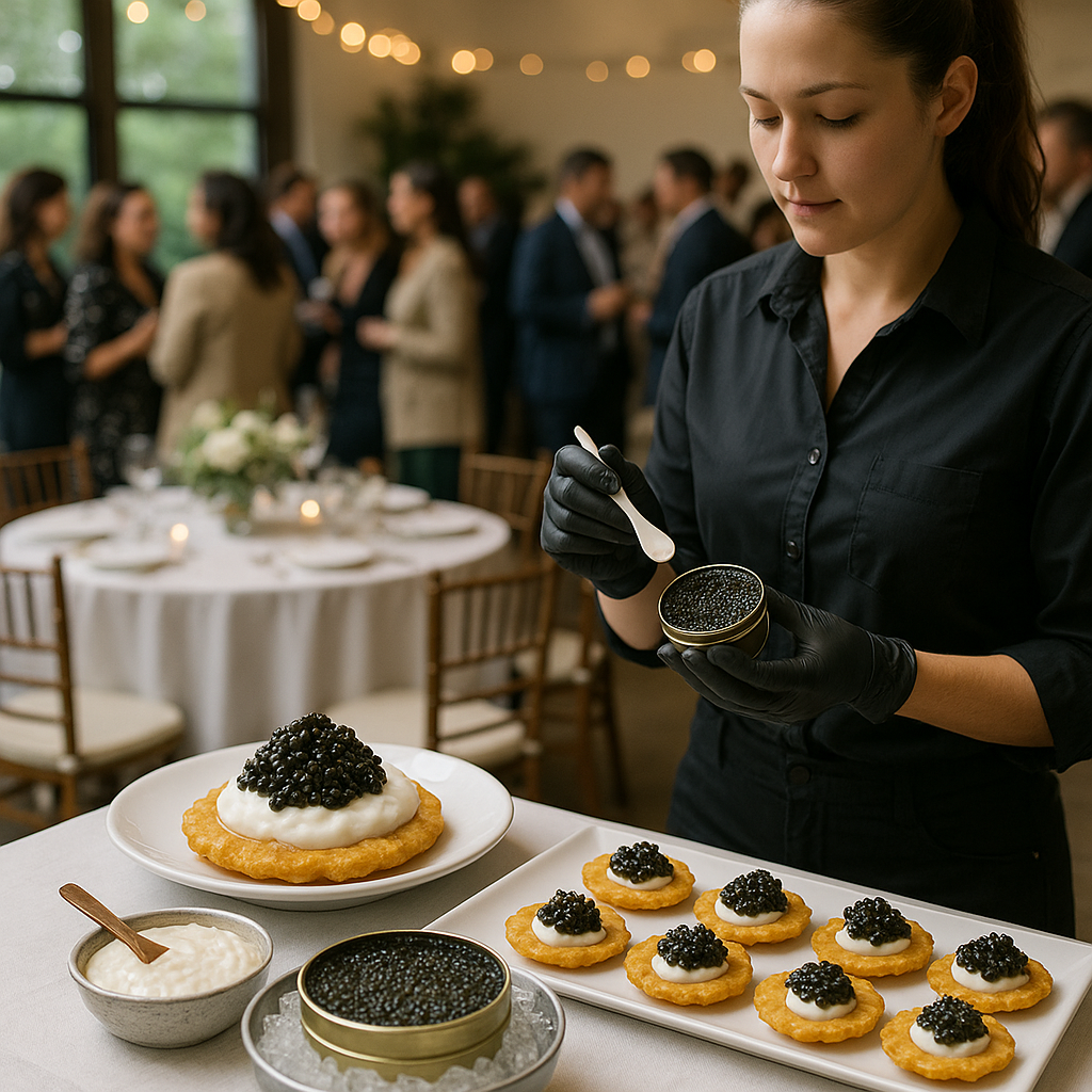Supporting event photograph for the article titled "We Put Caviar on a Tostón (And It Beat the Blini)", elevated composition showing a carefully arranged event environment, creative identity 5a1a6495b3c8-1 must not appear as text, realistic VNV Events service context, hyperrealistic professional photography, no text overlay. Hyperrealistic professional event photography, natural lighting, realistic people and environments, premium editorial photo quality, true-to-life colors, no illustration, no cartoon, no anime, no 3D render, no text overlay, no logos, no watermark.