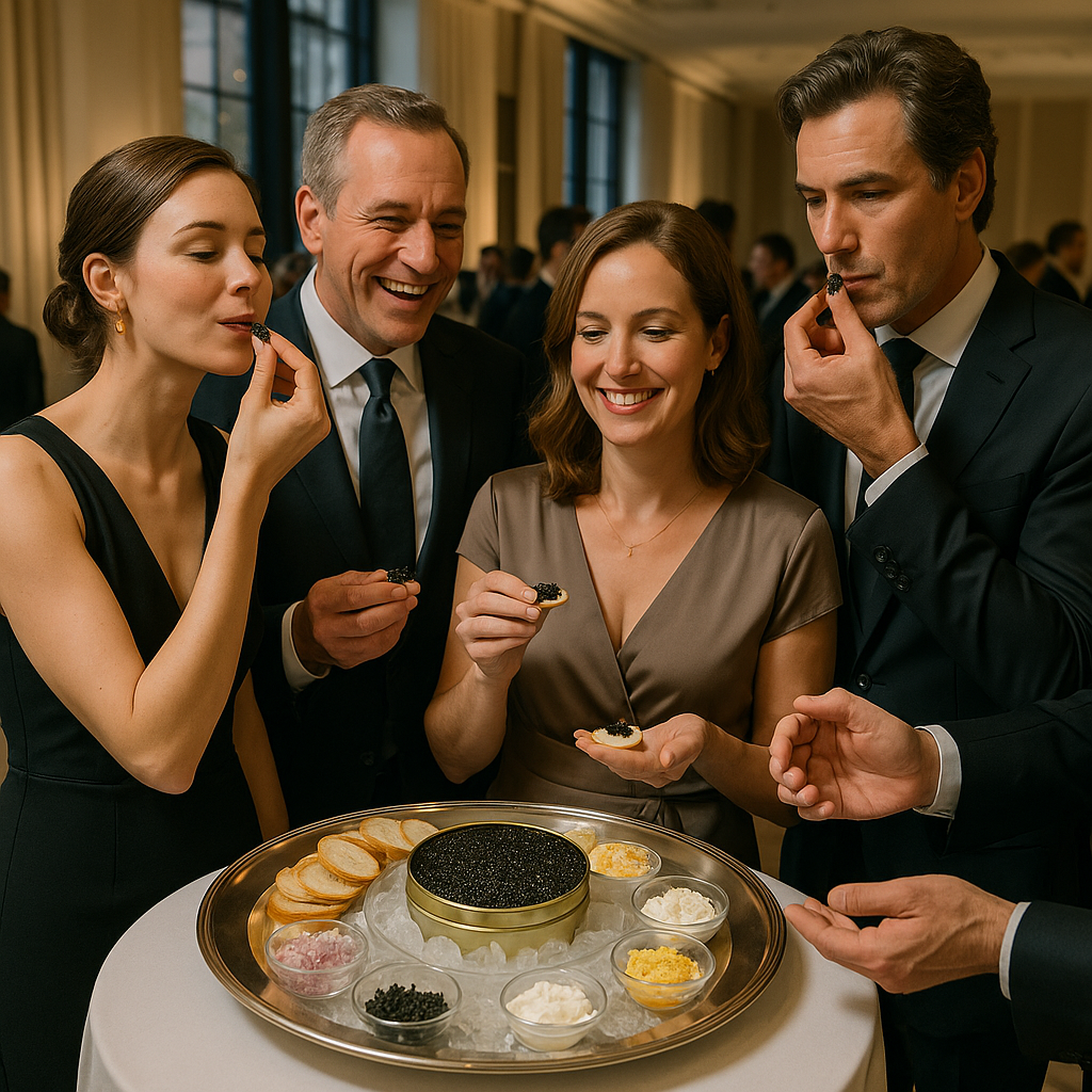 Attendant serving caviar bumps with mother-of-pearl spoon and chilled vodka at an upscale South Florida event