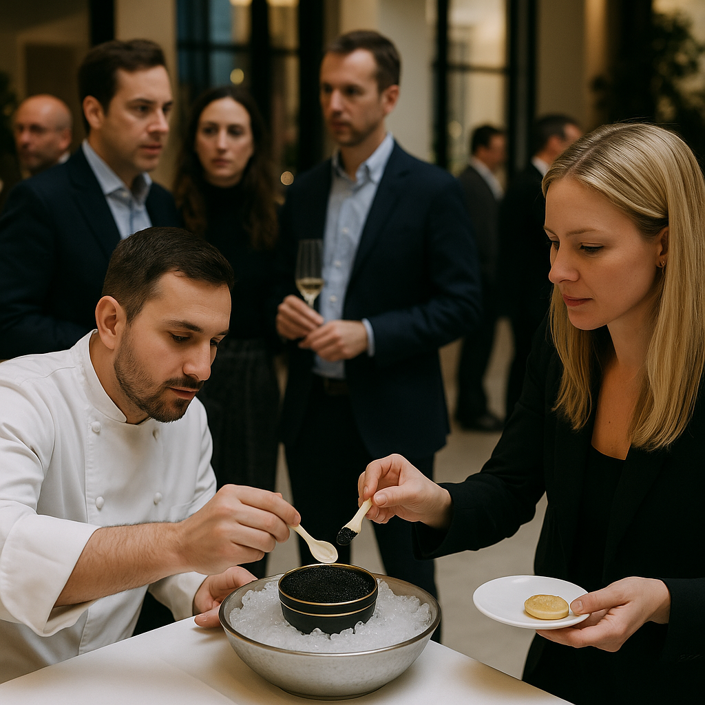Caviar tin nested in crushed ice with a mother-of-pearl spoon at an event service station