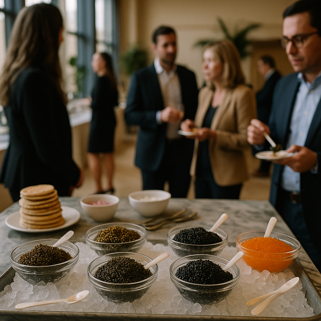 Caviar station with blinis, crème fraîche and garnishes arranged for guests to build their own bites