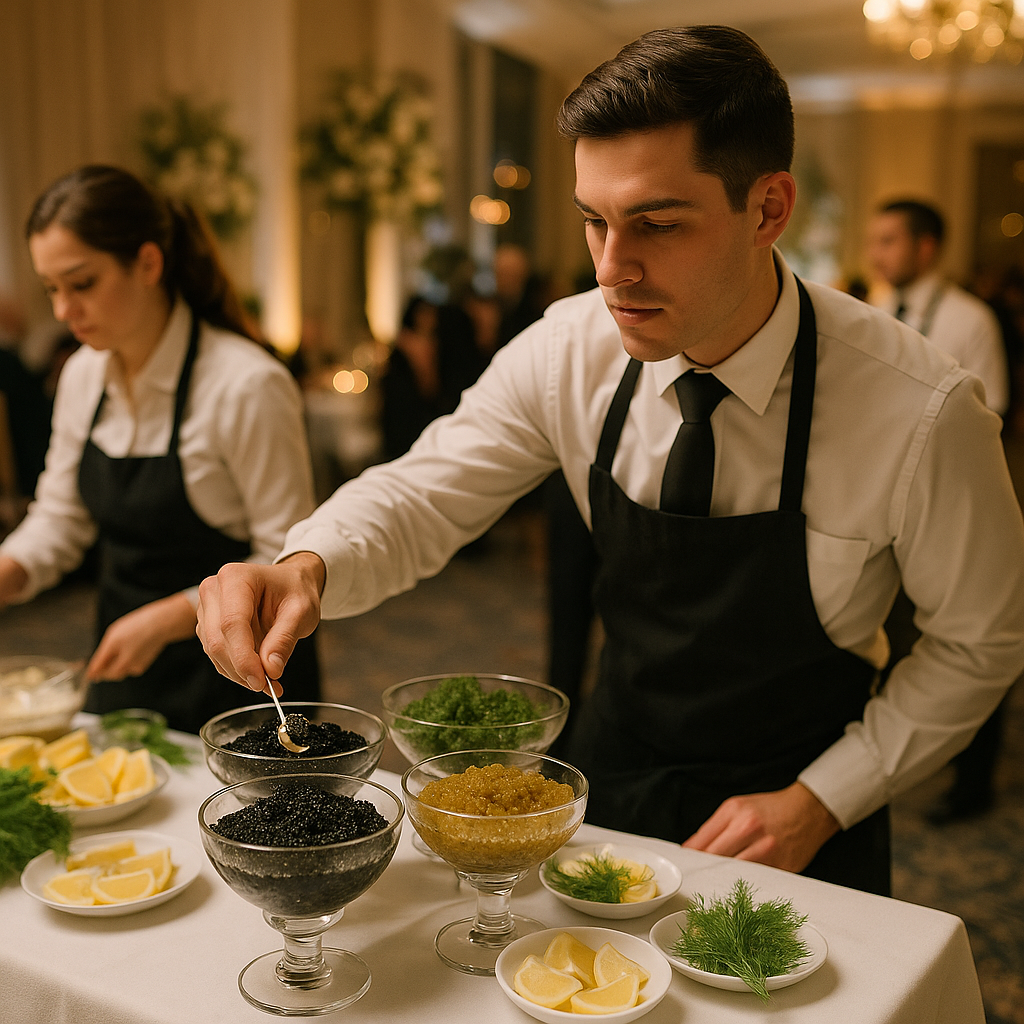 Caviar service on crushed ice with traditional accompaniments at a South Florida event