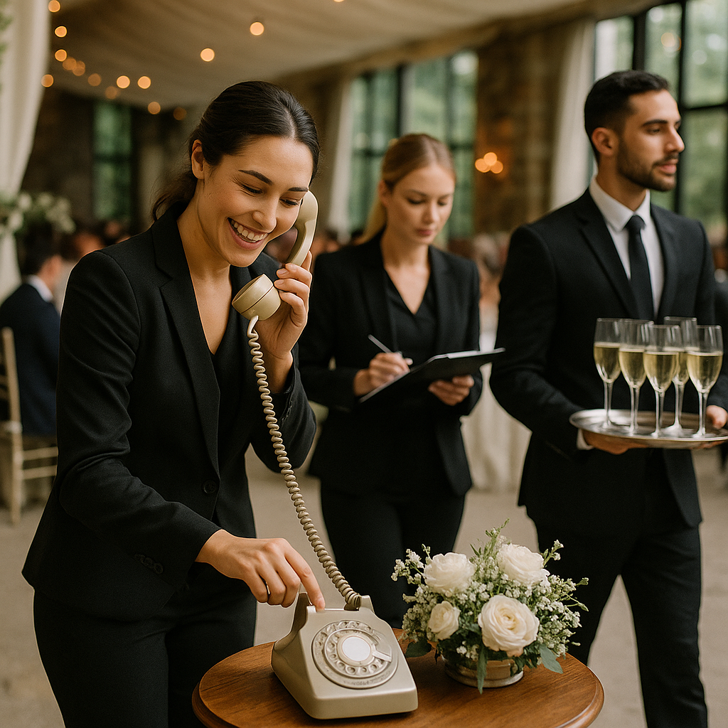 Vintage telephone audio guestbook station set up at a South Florida wedding reception with instruction signage