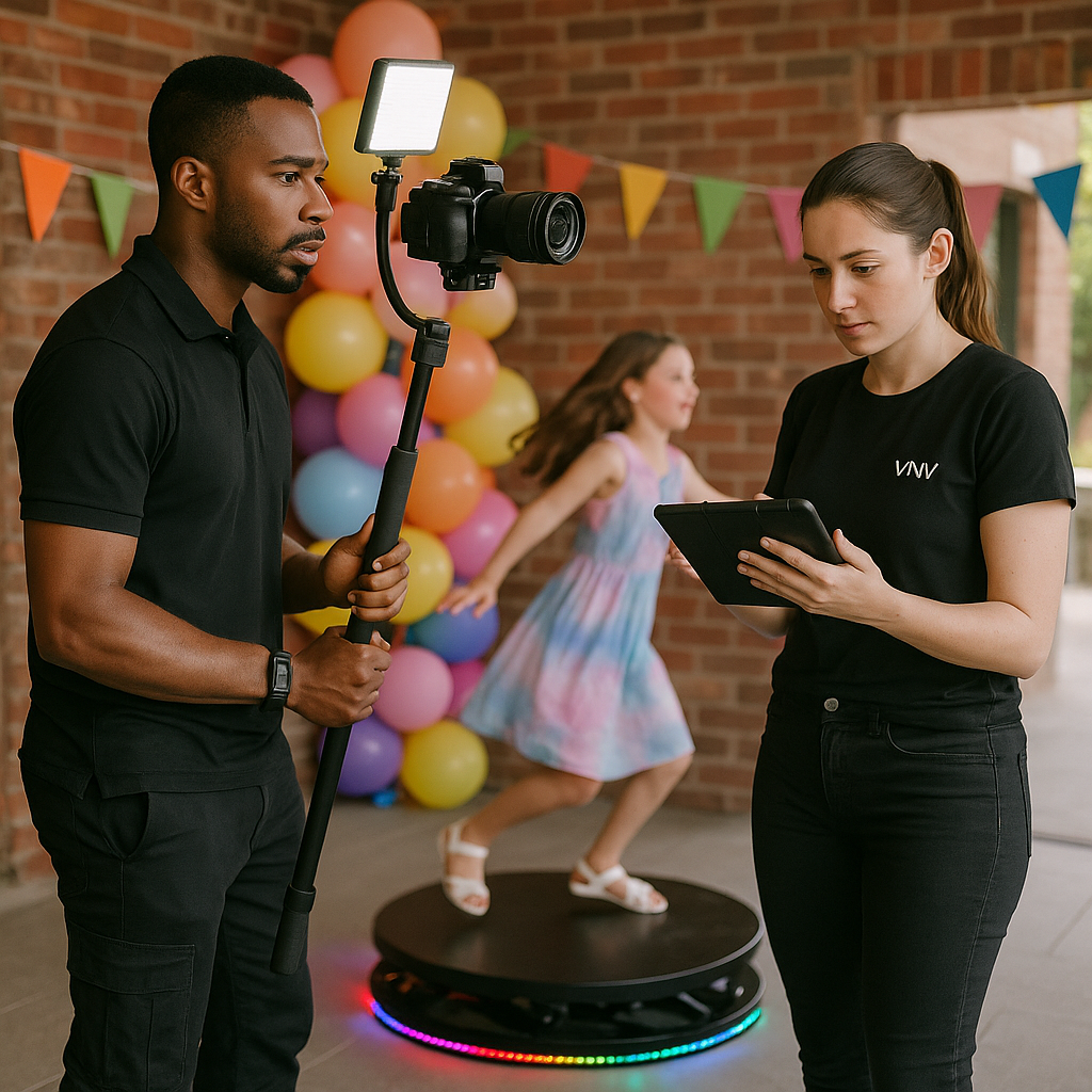 Event staff running a supervised photo activation for children at a South Florida birthday party