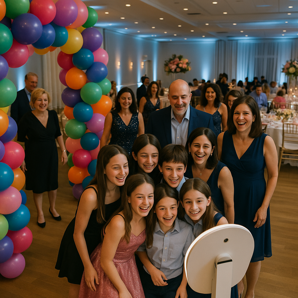 Teens and adult family members sharing a photo booth at a bat mitzvah celebration in South Florida