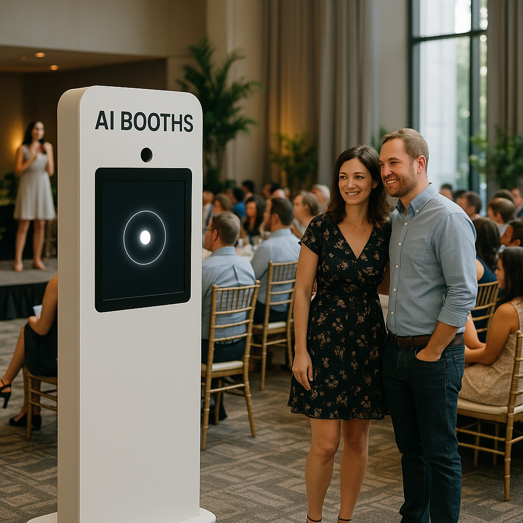 Guests using an AI photo booth at a South Florida event with no queue forming behind them