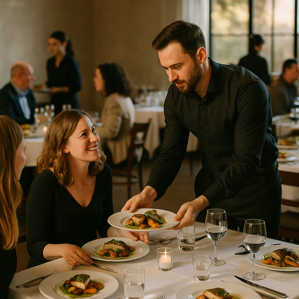 Supporting image 1 for the article titled "The 30 Minutes Before Dinner Can Make or Break Your Catering Service": Hyperrealistic professional event photography of a dining setup with elegantly arranged tables and gourmet dishes, capturing natural lighting and true-to-life colors. Use this separate visual direction: intimate documentary composition focused on candid human interaction. Make the subject, venue, camera angle and color palette specific to this article and visibly different from the thumbnail and other supporting images. Creative identity 4fb7cf385304-1 must not appear as text. Hyperrealistic professional event photography, natural lighting, realistic people and environments, premium editorial photo quality, true-to-life colors, no illustration, no cartoon, no anime, no 3D render, no text overlay, no logos, no watermark.