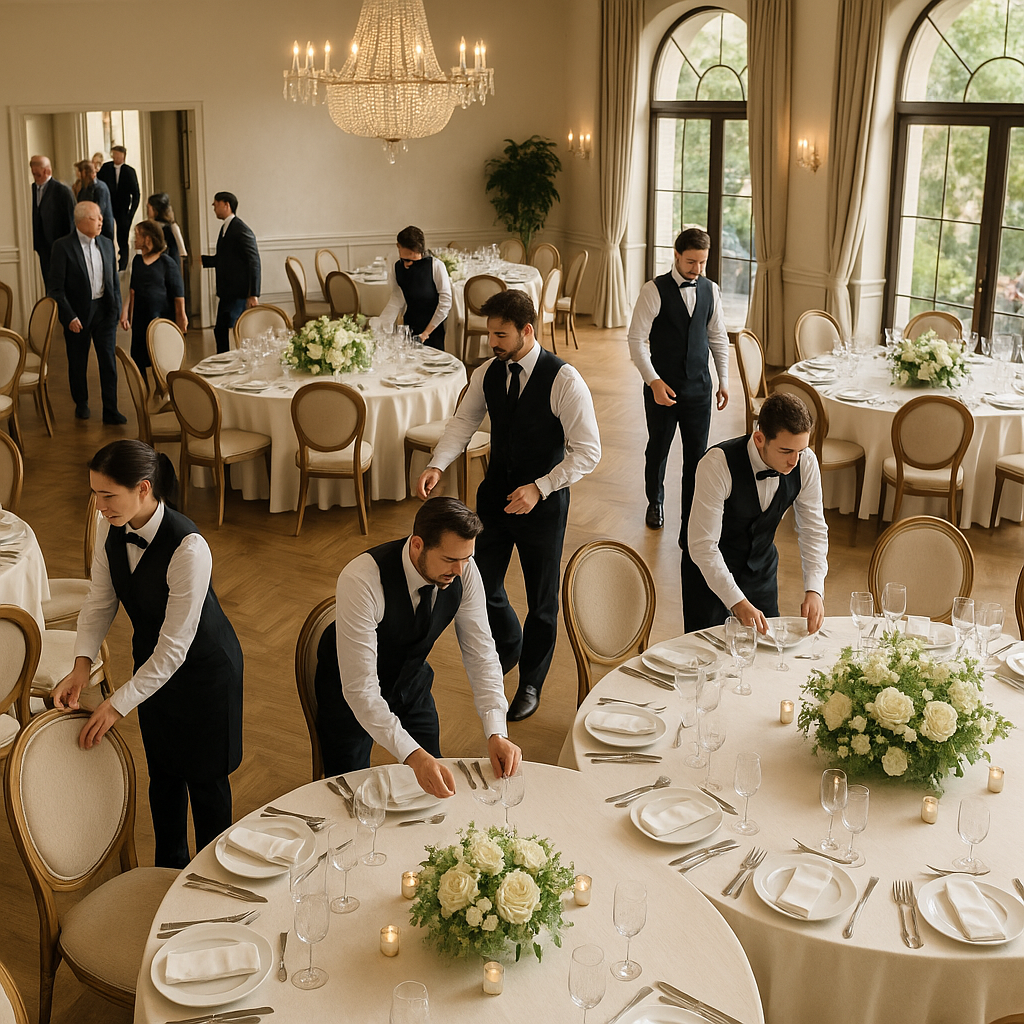 Supporting image 1 for the article titled "The Hidden Cost of Hiring Too Few Event Staff": A professional event staff team setting up a beautifully decorated banquet hall with guests arriving, showcasing a lively atmosphere with natural lighting. Use this separate visual direction: elevated composition showing a carefully arranged event environment. Make the subject, venue, camera angle and color palette specific to this article and visibly different from the thumbnail and other supporting images. Creative identity 0c3c162b7f7e-1 must not appear as text. Hyperrealistic professional event photography, natural lighting, realistic people and environments, premium editorial photo quality, true-to-life colors, no illustration, no cartoon, no anime, no 3D render, no text overlay, no logos, no watermark.