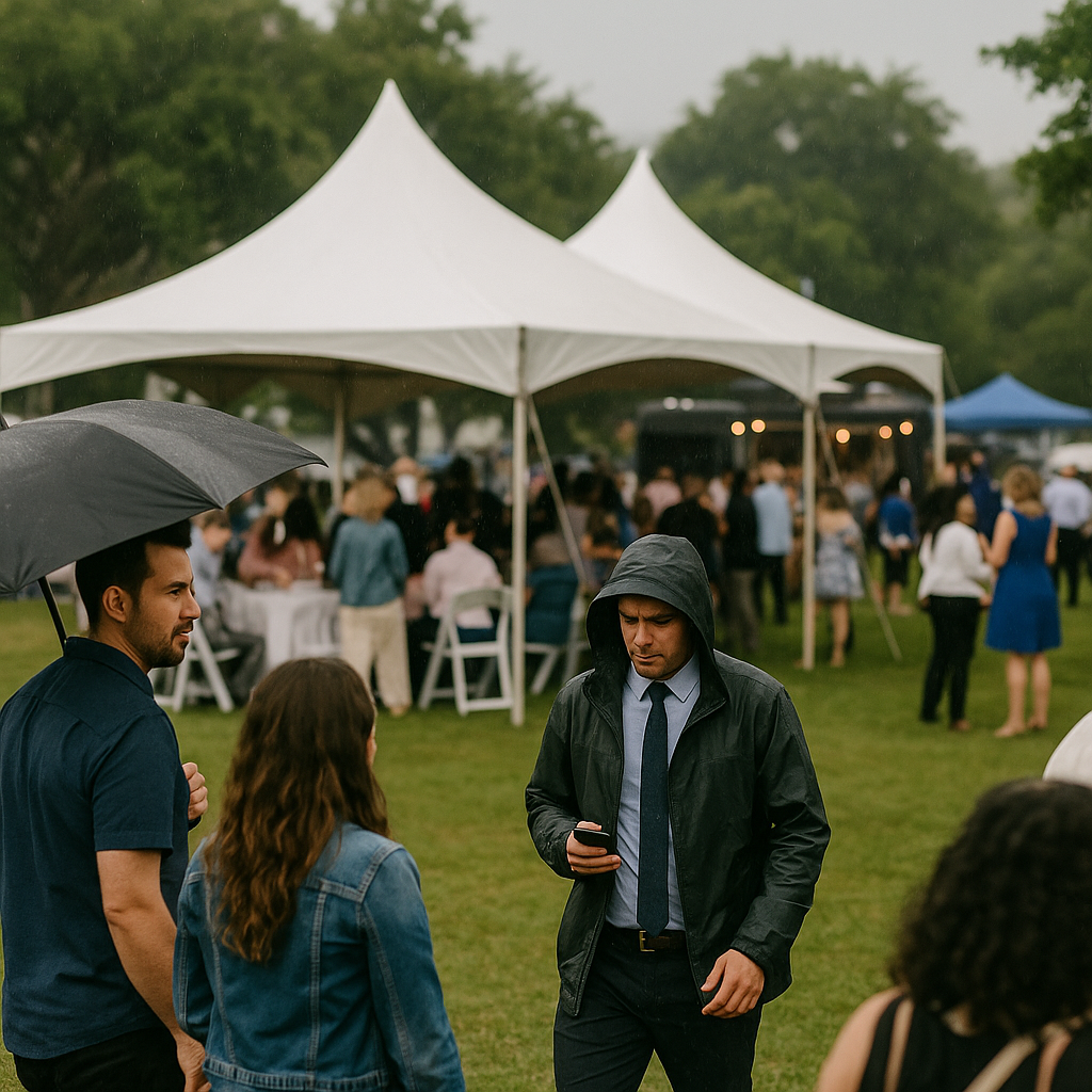 Guests and staff moving through a covered outdoor event setup in South Florida, with clear pathways between service areas and seating.