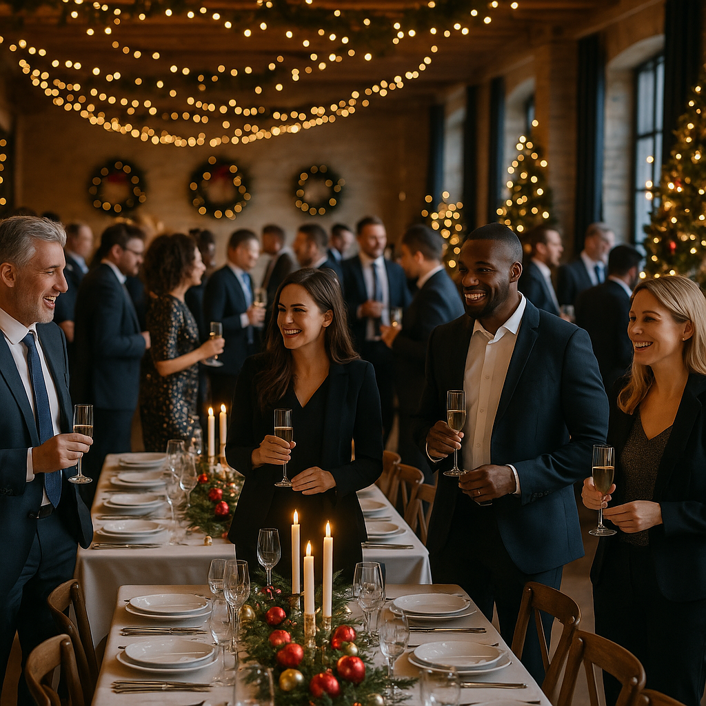 Supporting image 1 for the article titled "The Corporate Holiday Party Planning Window Starts Earlier Than Most Companies Think": A busy corporate holiday party with employees enjoying a festive atmosphere, elegant decorations, and a beautifully set dining table. Use this separate visual direction: wide establishing composition with layered foreground and background activity. Make the subject, venue, camera angle and color palette specific to this article and visibly different from the thumbnail and other supporting images. Creative identity 8665baafe51e-1 must not appear as text. Hyperrealistic professional event photography, natural lighting, realistic people and environments, premium editorial photo quality, true-to-life colors, no illustration, no cartoon, no anime, no 3D render, no text overlay, no logos, no watermark.