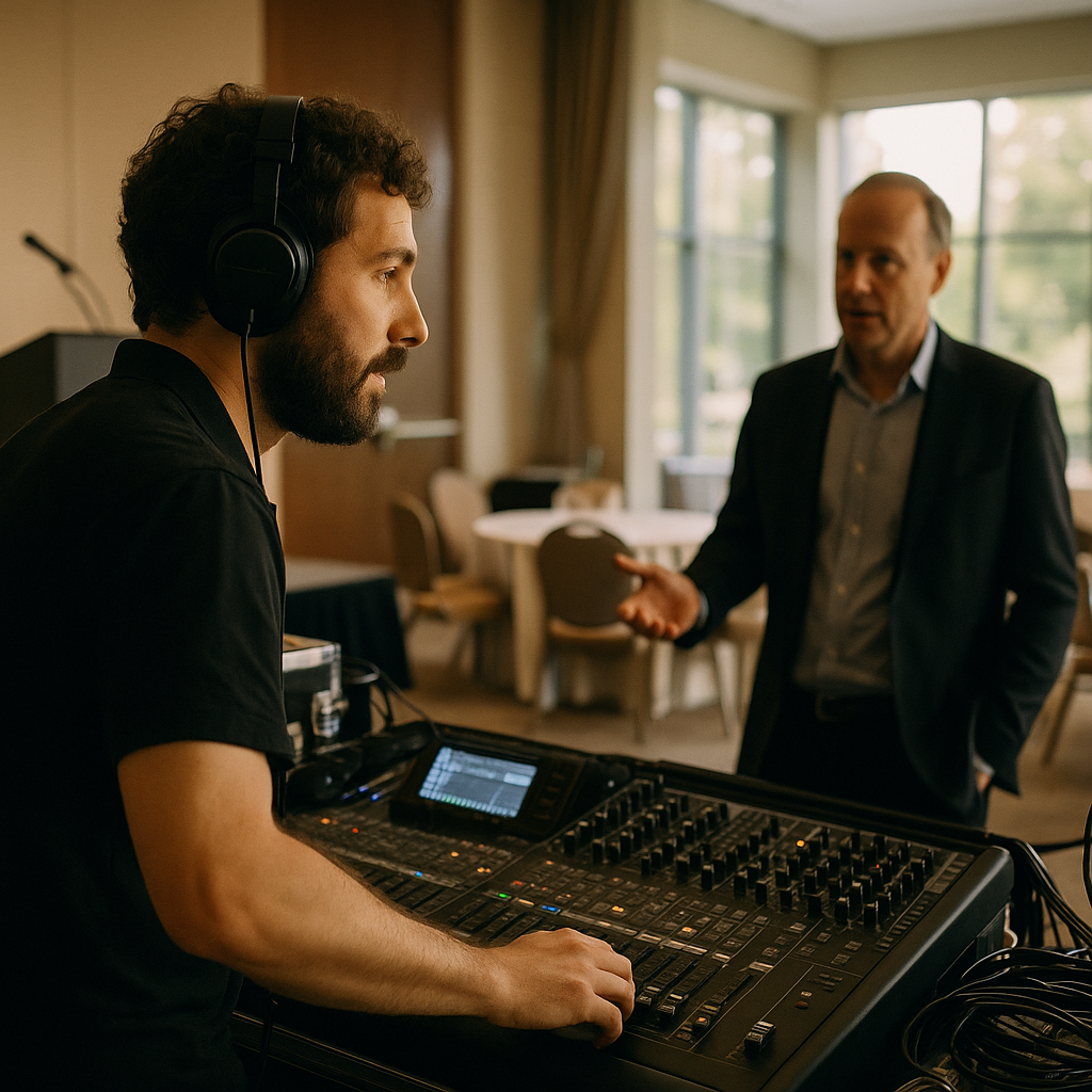 Supporting image 1 for the article titled "Your Event Sound Check Should Happen Before the Guests Arrive. Here's What It Actually Tests.": A professional audio technician conducting a sound check at a corporate event, with audio equipment set up and natural lighting enhancing the venue. Use this separate visual direction: intimate documentary composition focused on candid human interaction. Make the subject, venue, camera angle and color palette specific to this article and visibly different from the thumbnail and other supporting images. Creative identity 166d4e91a3c0-1 must not appear as text. Hyperrealistic professional event photography, natural lighting, realistic people and environments, premium editorial photo quality, true-to-life colors, no illustration, no cartoon, no anime, no 3D render, no text overlay, no logos, no watermark.