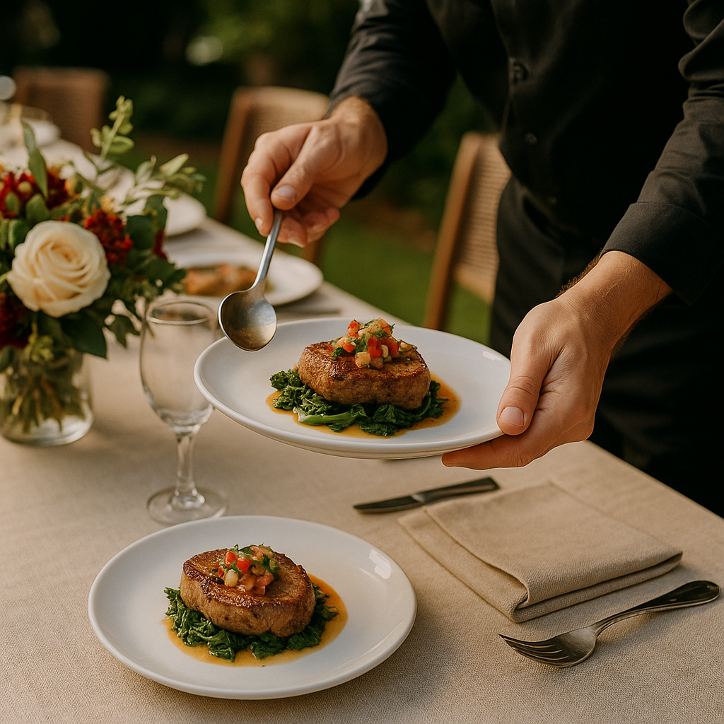 Supporting image 1 for the article titled "Why Florida Taxes Your Catering Gratuity — and the Two Conditions That Change It": Hyperrealistic professional event photography of a catering setup in a Florida venue, showcasing elegantly arranged tables with gourmet dishes and a diverse group of guests enjoying the meal, capturing natural lighting and true-to-life colors. Use this separate visual direction: editorial detail composition featuring hands, materials and event craftsmanship. Make the subject, venue, camera angle and color palette specific to this article and visibly different from the thumbnail and other supporting images. Creative identity bc2d25ea7902-1 must not appear as text. Hyperrealistic professional event photography, natural lighting, realistic people and environments, premium editorial photo quality, true-to-life colors, no illustration, no cartoon, no anime, no 3D render, no text overlay, no logos, no watermark.