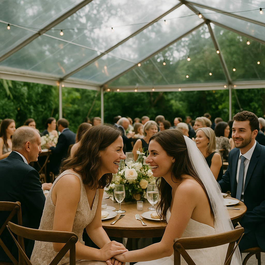 Supporting image 1 for the article titled "Clear-Top, Sailcloth or Frame: What South Florida Humidity Does to Each One": Realistic outdoor wedding setup with a clear-top tent showcasing guests enjoying the event under natural lighting, surrounded by lush greenery. Use this separate visual direction: intimate documentary composition focused on candid human interaction. Make the subject, venue, camera angle and color palette specific to this article and visibly different from the thumbnail and other supporting images. Creative identity 6de809878b16-1 must not appear as text. Hyperrealistic professional event photography, natural lighting, realistic people and environments, premium editorial photo quality, true-to-life colors, no illustration, no cartoon, no anime, no 3D render, no text overlay, no logos, no watermark.
