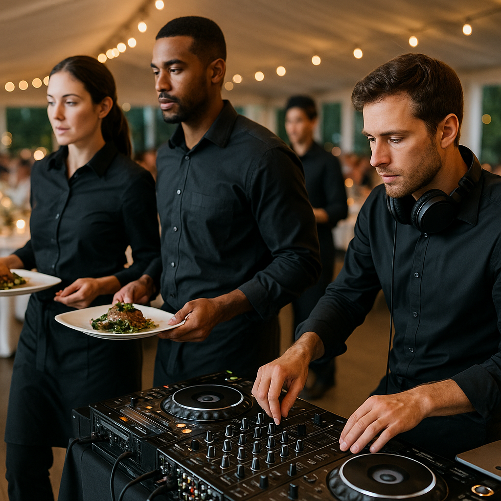 Supporting event photograph for the article titled "Who Actually Owes ASCAP for Your Company Party — It's Probably Not the DJ", dynamic side-angle composition capturing service professionals in action, creative identity c7978d426df0-1 must not appear as text, realistic VNV Events service context, hyperrealistic professional photography, no text overlay. Hyperrealistic professional event photography, natural lighting, realistic people and environments, premium editorial photo quality, true-to-life colors, no illustration, no cartoon, no anime, no 3D render, no text overlay, no logos, no watermark.
