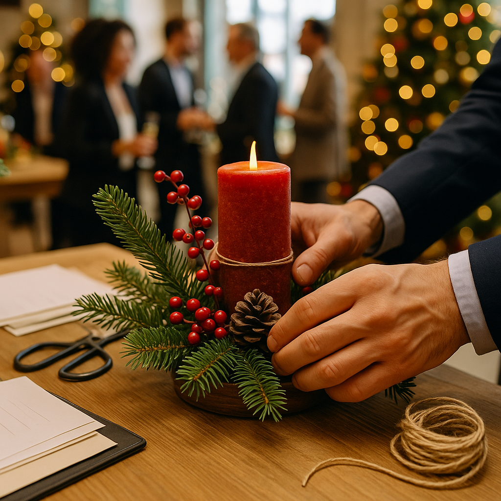 Supporting image 1 for the article titled "Split the Invoice: How 2026's Tax Rules Changed the Way Year-End Events Should Be Billed": Hyperrealistic professional event photography of a corporate holiday party, showcasing employees engaging in conversations, elegant decorations, and a festive atmosphere. The image should capture a well-decorated venue with natural lighting, realistic people interacting, and a vibrant color palette that reflects the celebratory mood. Use this separate visual direction: editorial detail composition featuring hands, materials and event craftsmanship. Make the subject, venue, camera angle and color palette specific to this article and visibly different from the thumbnail and other supporting images. Creative identity aa23d77d003d-1 must not appear as text. Hyperrealistic professional event photography, natural lighting, realistic people and environments, premium editorial photo quality, true-to-life colors, no illustration, no cartoon, no anime, no 3D render, no text overlay, no logos, no watermark.