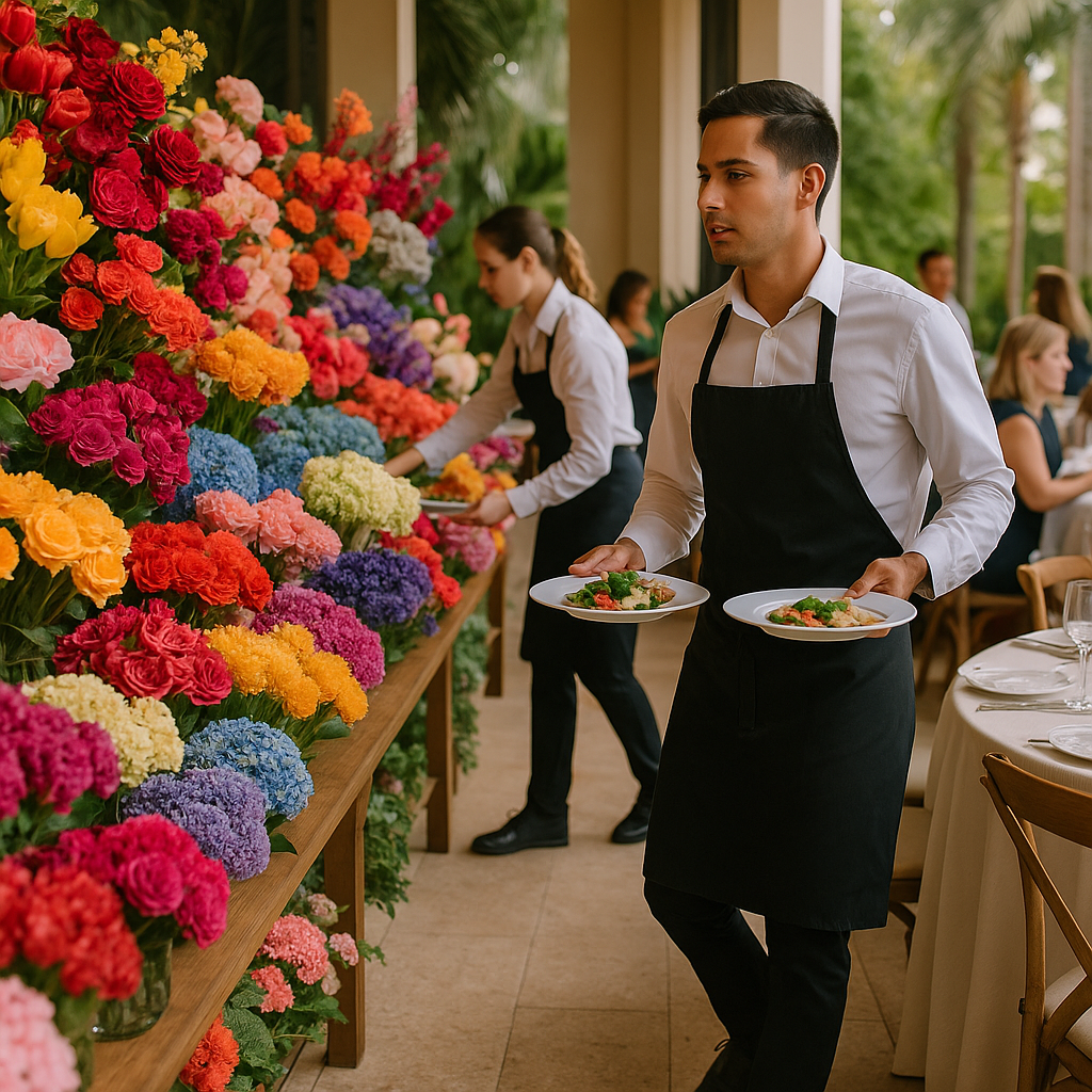Supporting image 1 for the article titled "Ninety Percent of America's Imported Flowers Land in Miami. Your Palette Should Be a Range, Not a List.": A vibrant display of assorted imported flowers at a Miami-based event, showcasing a range of colors and textures, captured in natural lighting with an emphasis on true-to-life colors. The image should feature realistic people interacting in a beautifully set event space. Use this separate visual direction: dynamic side-angle composition capturing service professionals in action. Make the subject, venue, camera angle and color palette specific to this article and visibly different from the thumbnail and other supporting images. Creative identity 435558f78e87-1 must not appear as text. Hyperrealistic professional event photography, natural lighting, realistic people and environments, premium editorial photo quality, true-to-life colors, no illustration, no cartoon, no anime, no 3D render, no text overlay, no logos, no watermark.