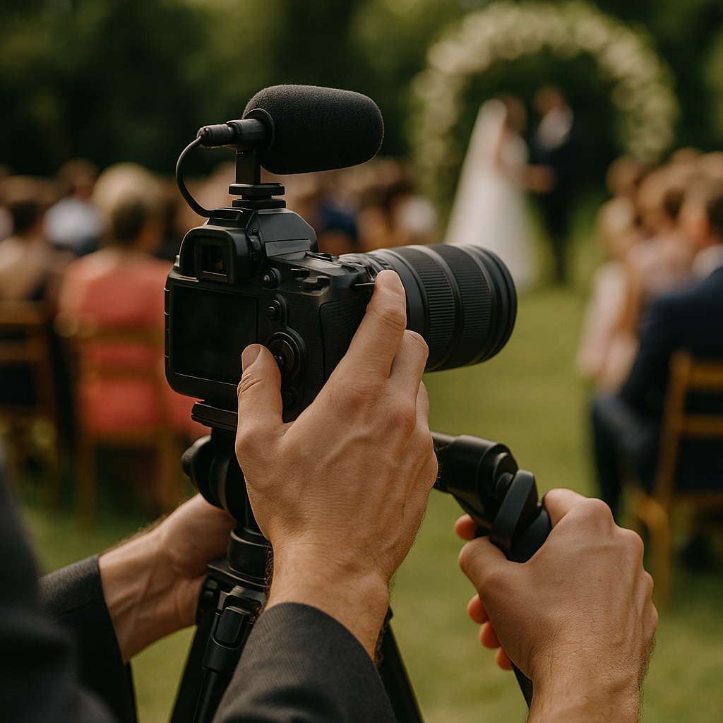 Supporting image 1 for the article titled "Content Creator or Videographer: The Split the Wedding Industry Is Still Fighting About": A professional videographer capturing moments at an outdoor wedding with guests enjoying the ceremony in the background, natural lighting, true-to-life colors. Use this separate visual direction: editorial detail composition featuring hands, materials and event craftsmanship. Make the subject, venue, camera angle and color palette specific to this article and visibly different from the thumbnail and other supporting images. Creative identity a5a448fc6947-1 must not appear as text. Hyperrealistic professional event photography, natural lighting, realistic people and environments, premium editorial photo quality, true-to-life colors, no illustration, no cartoon, no anime, no 3D render, no text overlay, no logos, no watermark.