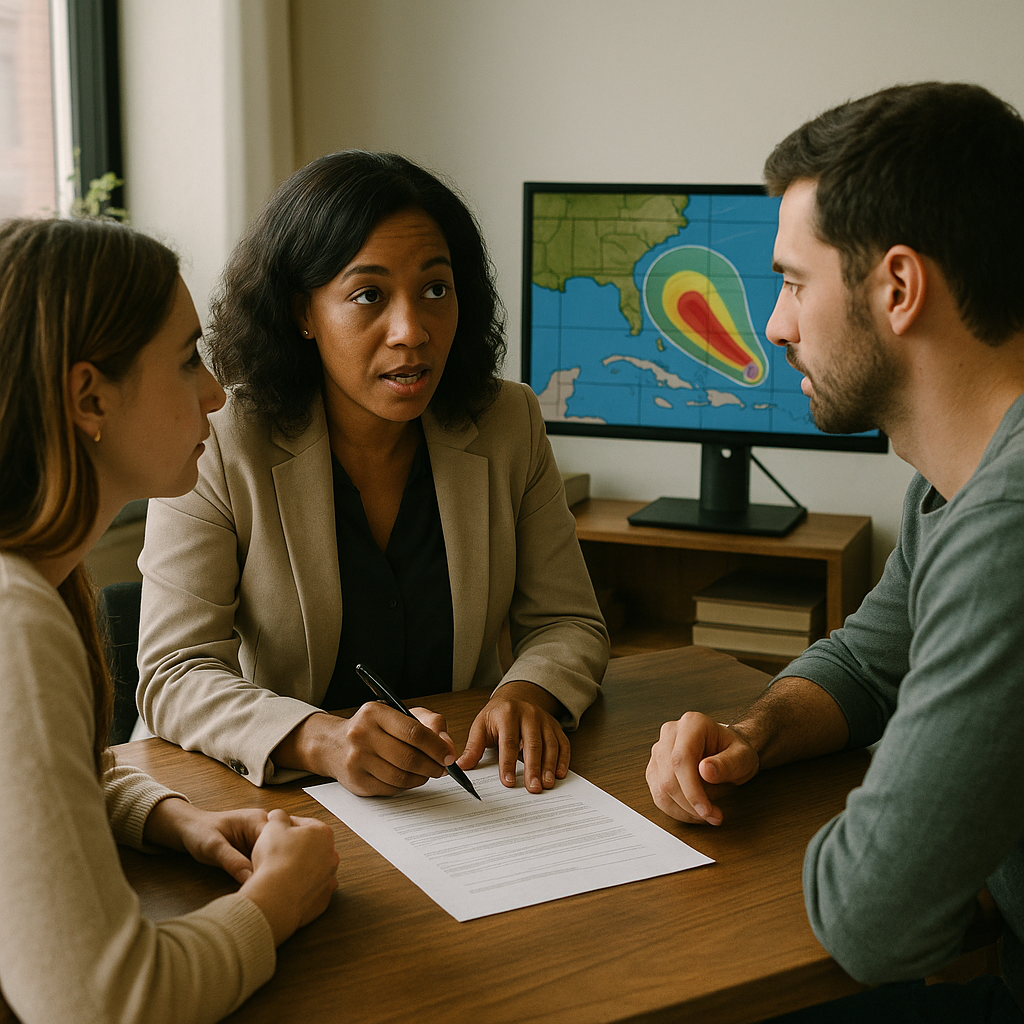 Supporting image 1 for the article titled "NOAA Says This Season Is Quiet. Don't Let Anyone Rewrite Your Event Contract Because of It.": A professional event planner discussing contracts with a couple in a well-lit office, showcasing a hurricane forecast on a screen. Use this separate visual direction: intimate documentary composition focused on candid human interaction. Make the subject, venue, camera angle and color palette specific to this article and visibly different from the thumbnail and other supporting images. Creative identity 433aa0de5428-1 must not appear as text. Hyperrealistic professional event photography, natural lighting, realistic people and environments, premium editorial photo quality, true-to-life colors, no illustration, no cartoon, no anime, no 3D render, no text overlay, no logos, no watermark.