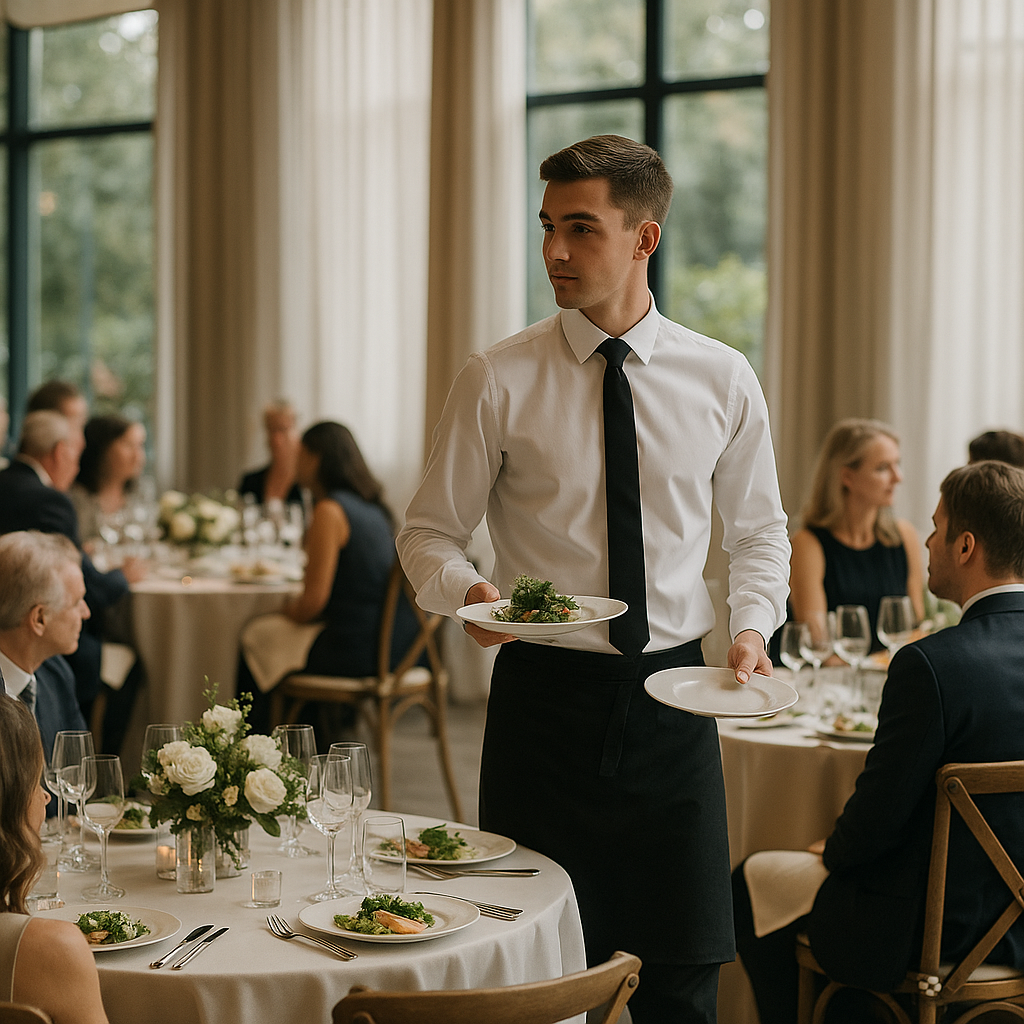 Supporting event photograph for the article titled "One Server per Twenty-Five Guests Is Not a Rule. Here's What Actually Sets the Number.", elevated composition showing a carefully arranged event environment, creative identity c976c5b4adae-1 must not appear as text, realistic VNV Events service context, hyperrealistic professional photography, no text overlay. Hyperrealistic professional event photography, natural lighting, realistic people and environments, premium editorial photo quality, true-to-life colors, no illustration, no cartoon, no anime, no 3D render, no text overlay, no logos, no watermark.