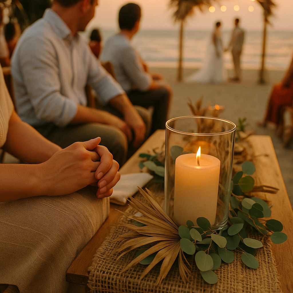 Supporting image 1 for the article titled "Beach Events in Turtle Season: The Lighting Rules That Can End Your Reception at 9 PM": A beach wedding setup during sunset with low-intensity amber lights, decorated with natural elements, and a backdrop of the ocean, featuring guests enjoying the event while following turtle protection guidelines. Use this separate visual direction: editorial detail composition featuring hands, materials and event craftsmanship. Make the subject, venue, camera angle and color palette specific to this article and visibly different from the thumbnail and other supporting images. Creative identity 8b7d3983c066-1 must not appear as text. Hyperrealistic professional event photography, natural lighting, realistic people and environments, premium editorial photo quality, true-to-life colors, no illustration, no cartoon, no anime, no 3D render, no text overlay, no logos, no watermark.