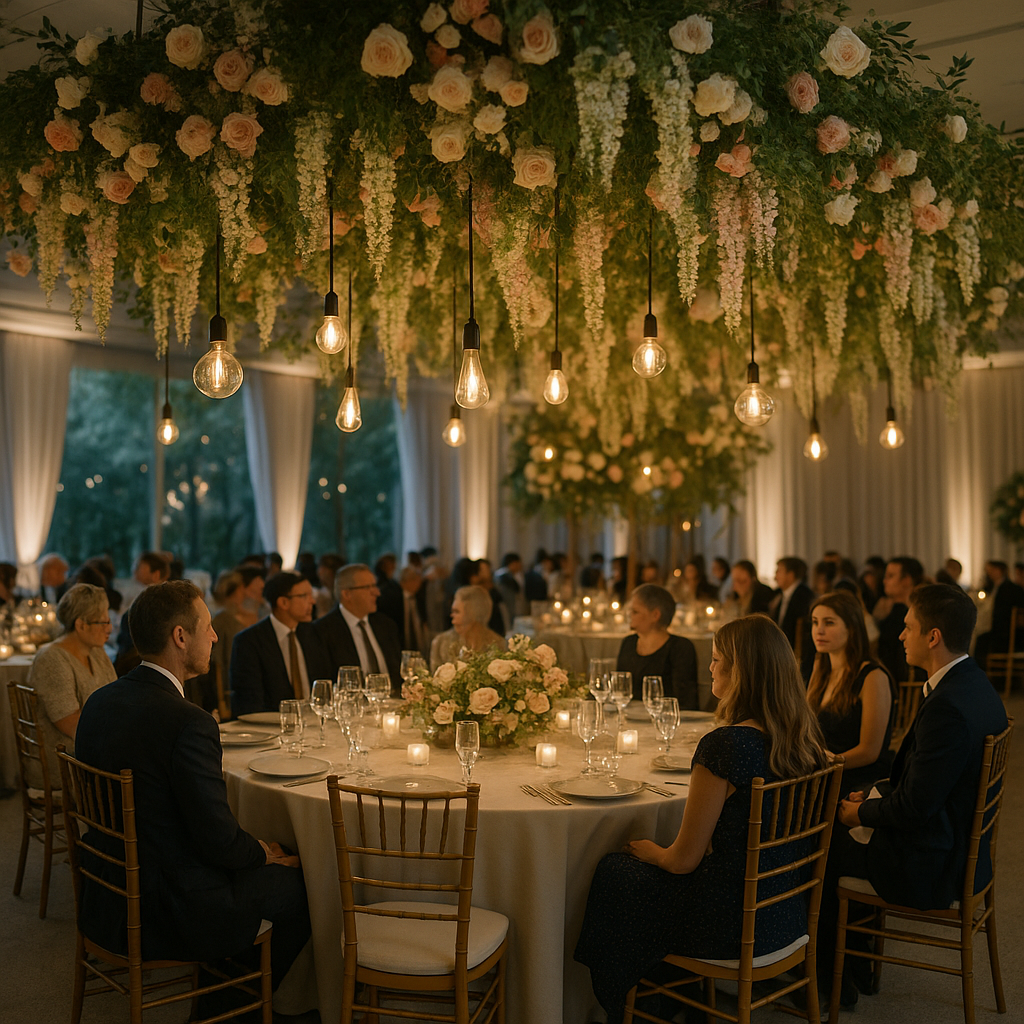 Supporting image 1 for the article titled "Hanging Florals vs. Elevated Arrangements vs. Ground Structures": A hyperrealistic photo of a wedding venue featuring stunning hanging floral arrangements with delicate lighting, showcasing guests admiring the decor. Use this separate visual direction: elevated composition showing a carefully arranged event environment. Make the subject, venue, camera angle and color palette specific to this article and visibly different from the thumbnail and other supporting images. Creative identity 4111ad73c241-1 must not appear as text. Hyperrealistic professional event photography, natural lighting, realistic people and environments, premium editorial photo quality, true-to-life colors, no illustration, no cartoon, no anime, no 3D render, no text overlay, no logos, no watermark.