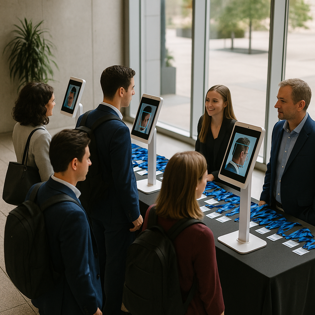 Supporting image 1 for the article titled "Face-Scan Check-In Looks Impressive. It Also Collects Data You May Not Be Allowed to Keep.": Hyperrealistic professional photography of attendees checking in at an event using facial recognition technology, showcasing a modern and sleek registration setup with natural lighting and true-to-life colors, capturing the excitement and engagement of the event atmosphere. Use this separate visual direction: elevated composition showing a carefully arranged event environment. Make the subject, venue, camera angle and color palette specific to this article and visibly different from the thumbnail and other supporting images. Creative identity d10f0806e36b-1 must not appear as text. Hyperrealistic professional event photography, natural lighting, realistic people and environments, premium editorial photo quality, true-to-life colors, no illustration, no cartoon, no anime, no 3D render, no text overlay, no logos, no watermark.