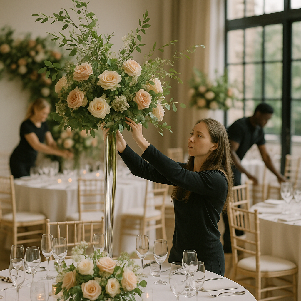 Supporting event photograph for the article titled "Foam-Free Florals: What Changes When Your Florist Drops the Green Brick", wide establishing composition with layered foreground and background activity, creative identity 72370ebc4adf-1 must not appear as text, realistic VNV Events service context, hyperrealistic professional photography, no text overlay. Hyperrealistic professional event photography, natural lighting, realistic people and environments, premium editorial photo quality, true-to-life colors, no illustration, no cartoon, no anime, no 3D render, no text overlay, no logos, no watermark.